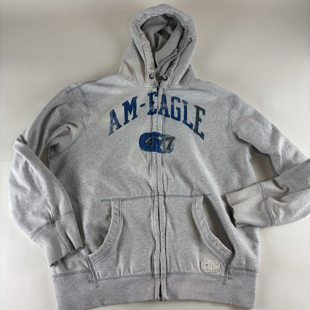 VTG‎ American Eagle 2XL Full Zip Mens Hoodie Gray Distressed